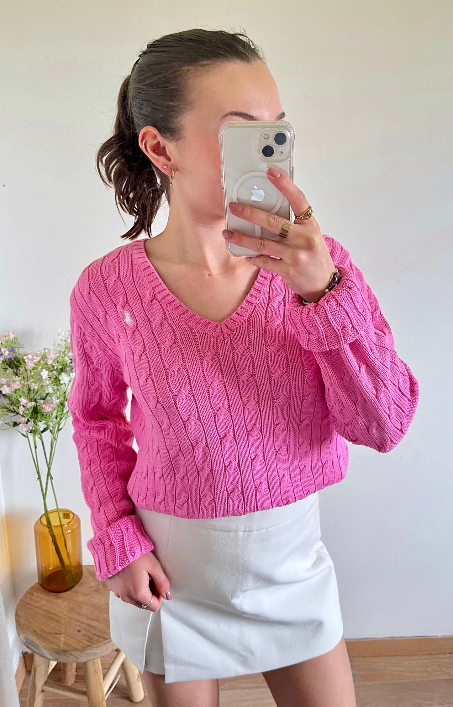 Pull col V torsadé rose Ralph Lauren - L