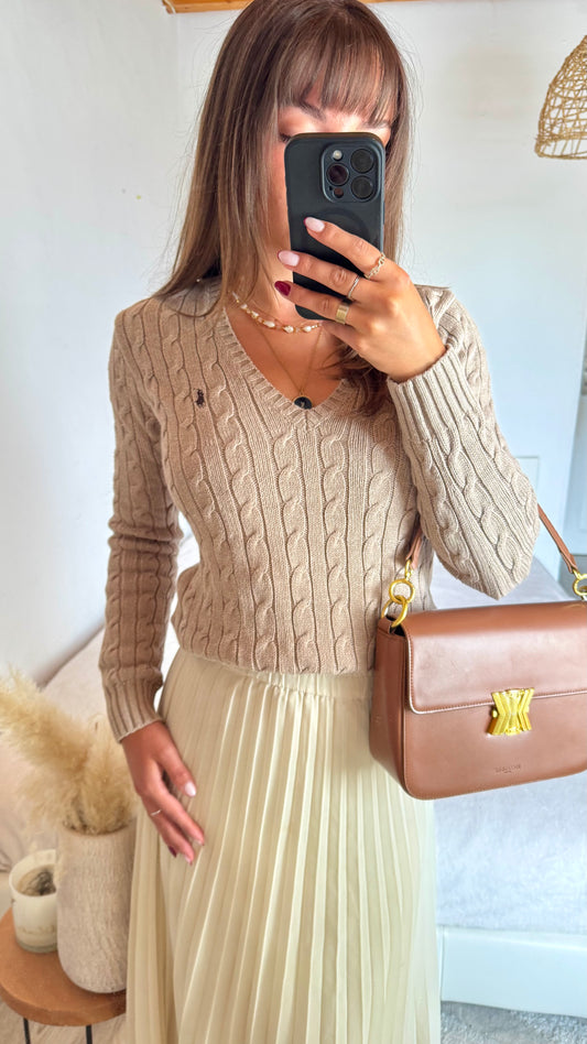 Pull torsadé col V beige Ralph Lauren - S