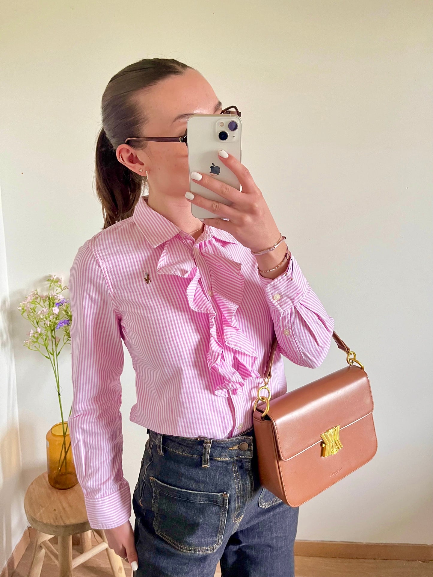 Chemise à froufrous rayée rose Ralph Lauren - S