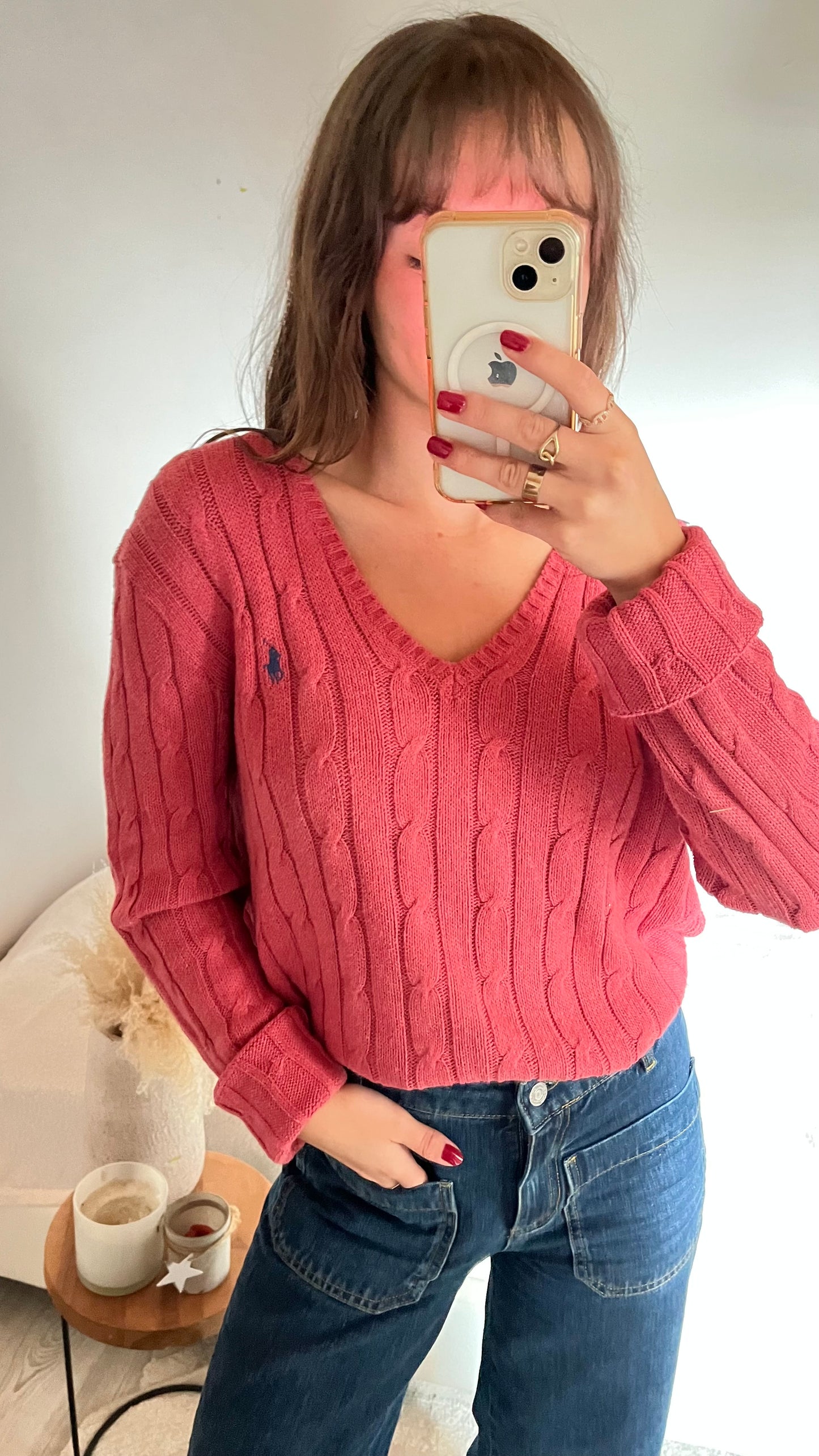 Pull torsadé Ralph Lauren col V rose - L