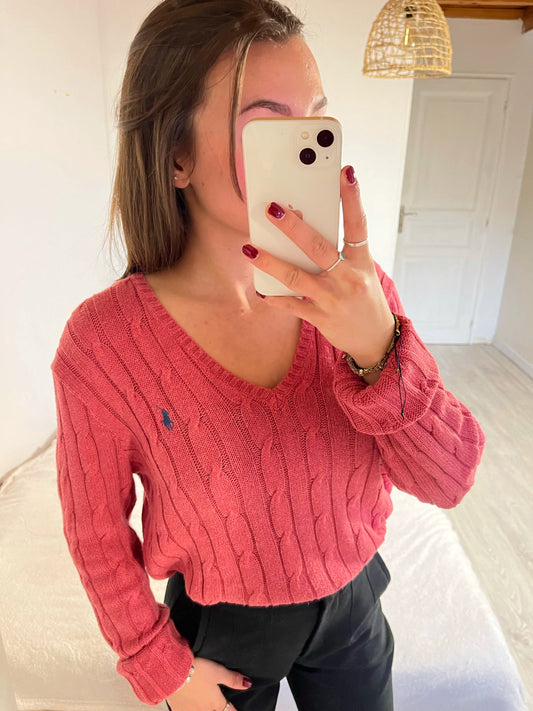 Pull torsadé col V rose - L