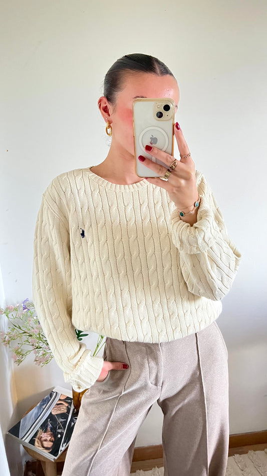 Pull col rond torsadé crème Ralph Lauren - L femme / M homme