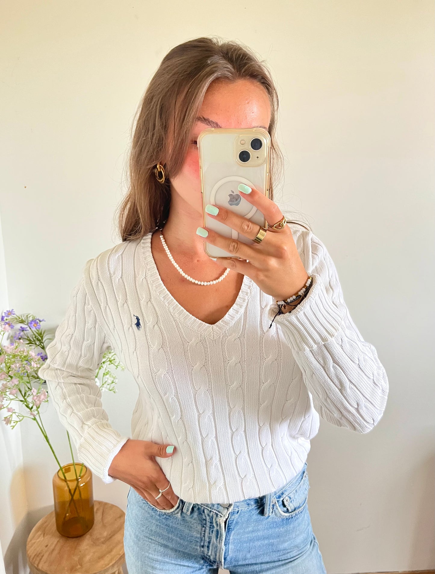 Pull col V torsadé blanc Ralph Lauren - M