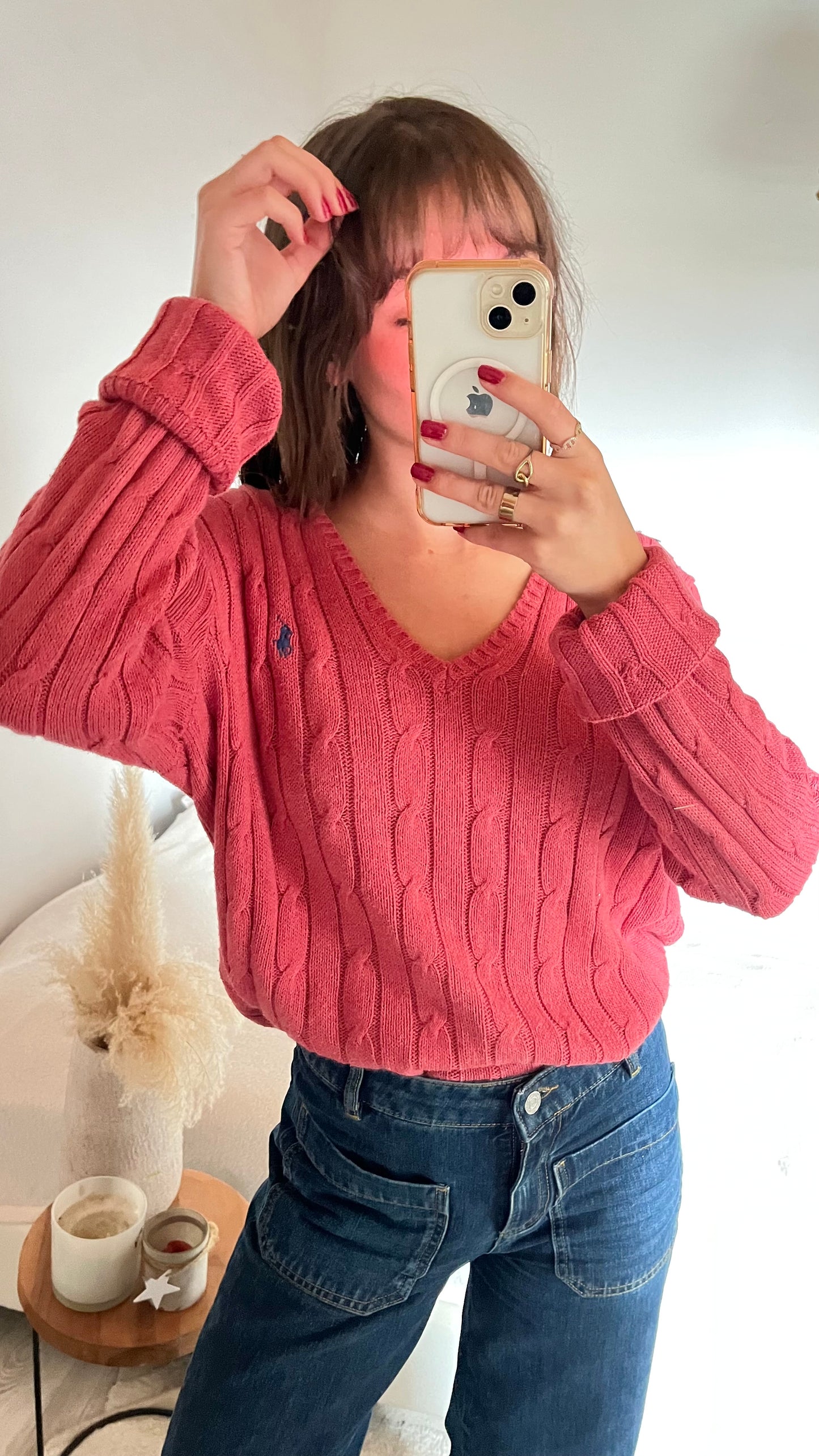 Pull torsadé Ralph Lauren col V rose - L