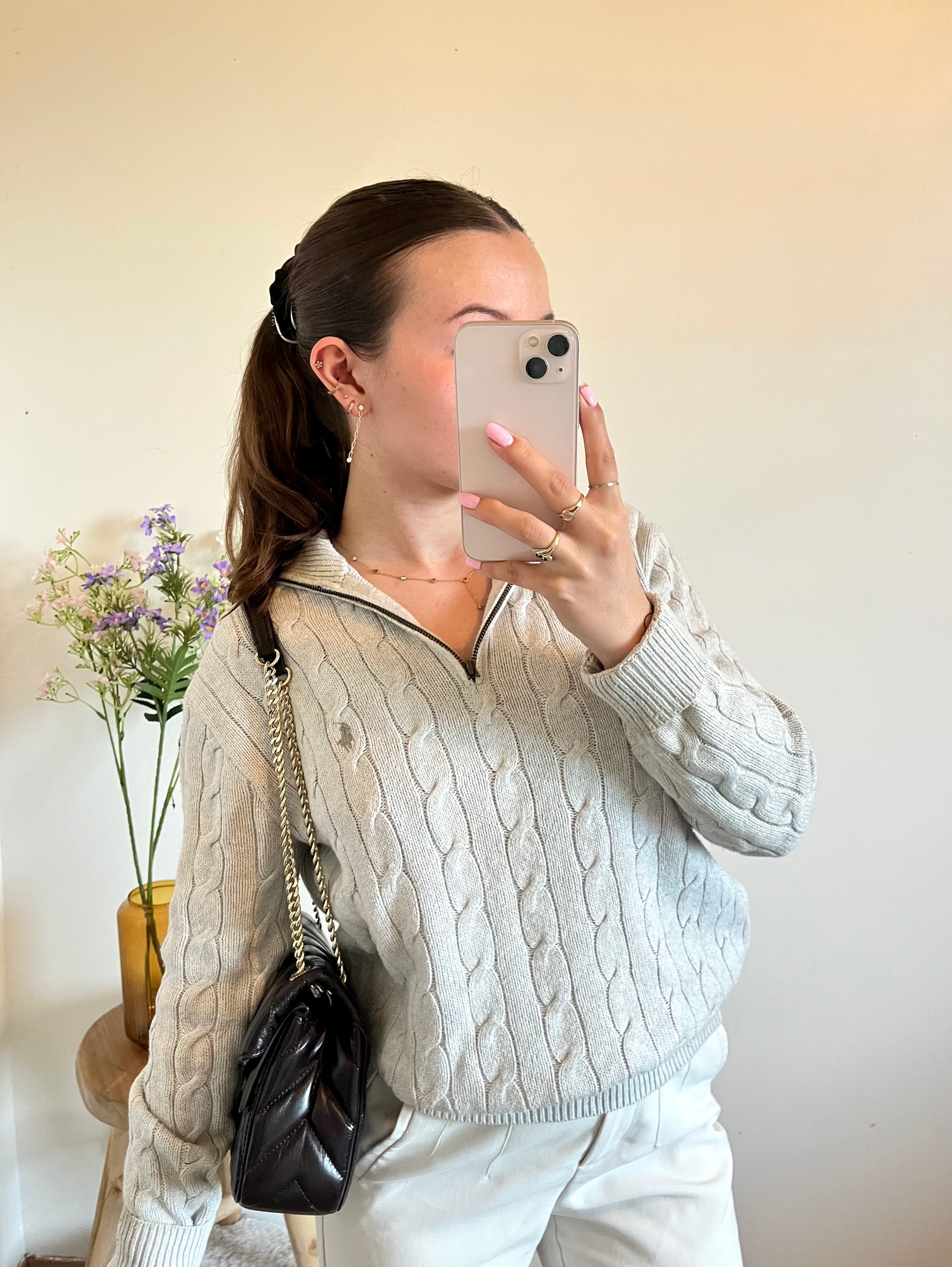 Pull demi-zip torsadé gris clair Ralph Lauren - S.