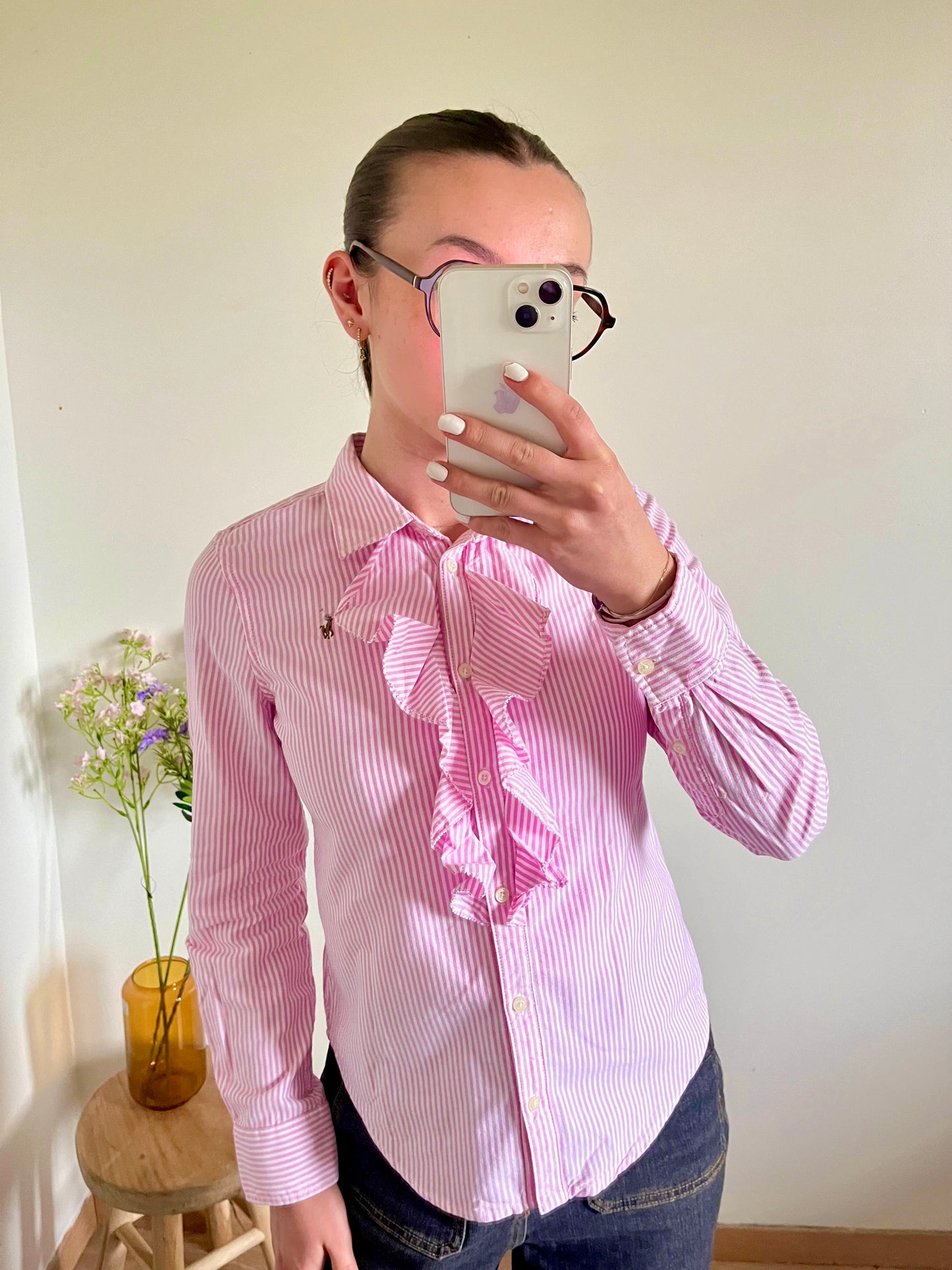 Chemise à froufrous rayée rose Ralph Lauren - S
