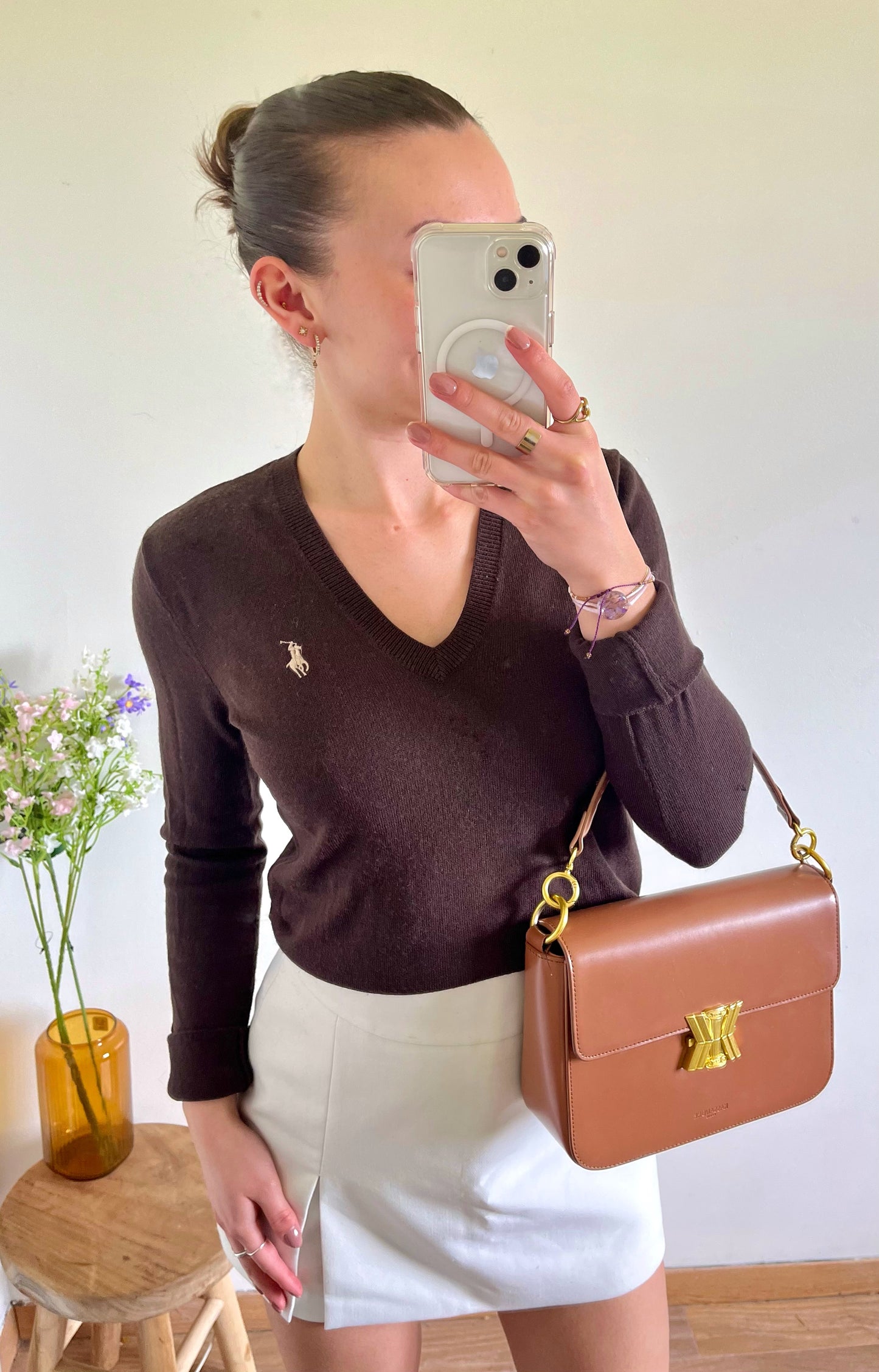 Pull col V marron laine de mérinos Ralph Lauren - S