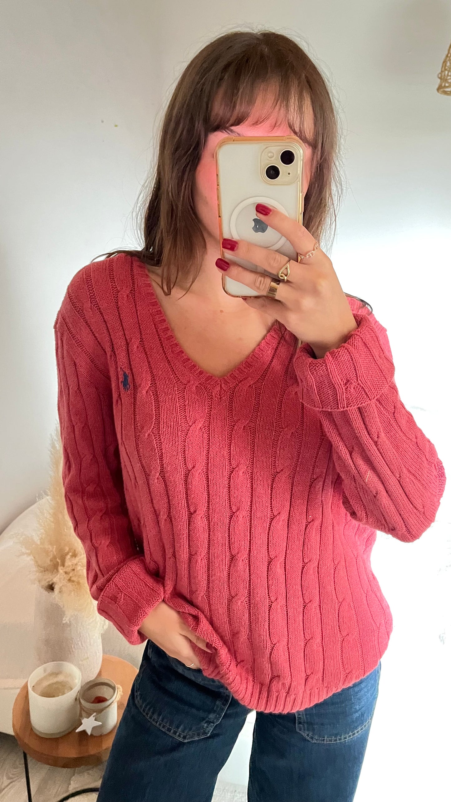 Pull torsadé Ralph Lauren col V rose - L