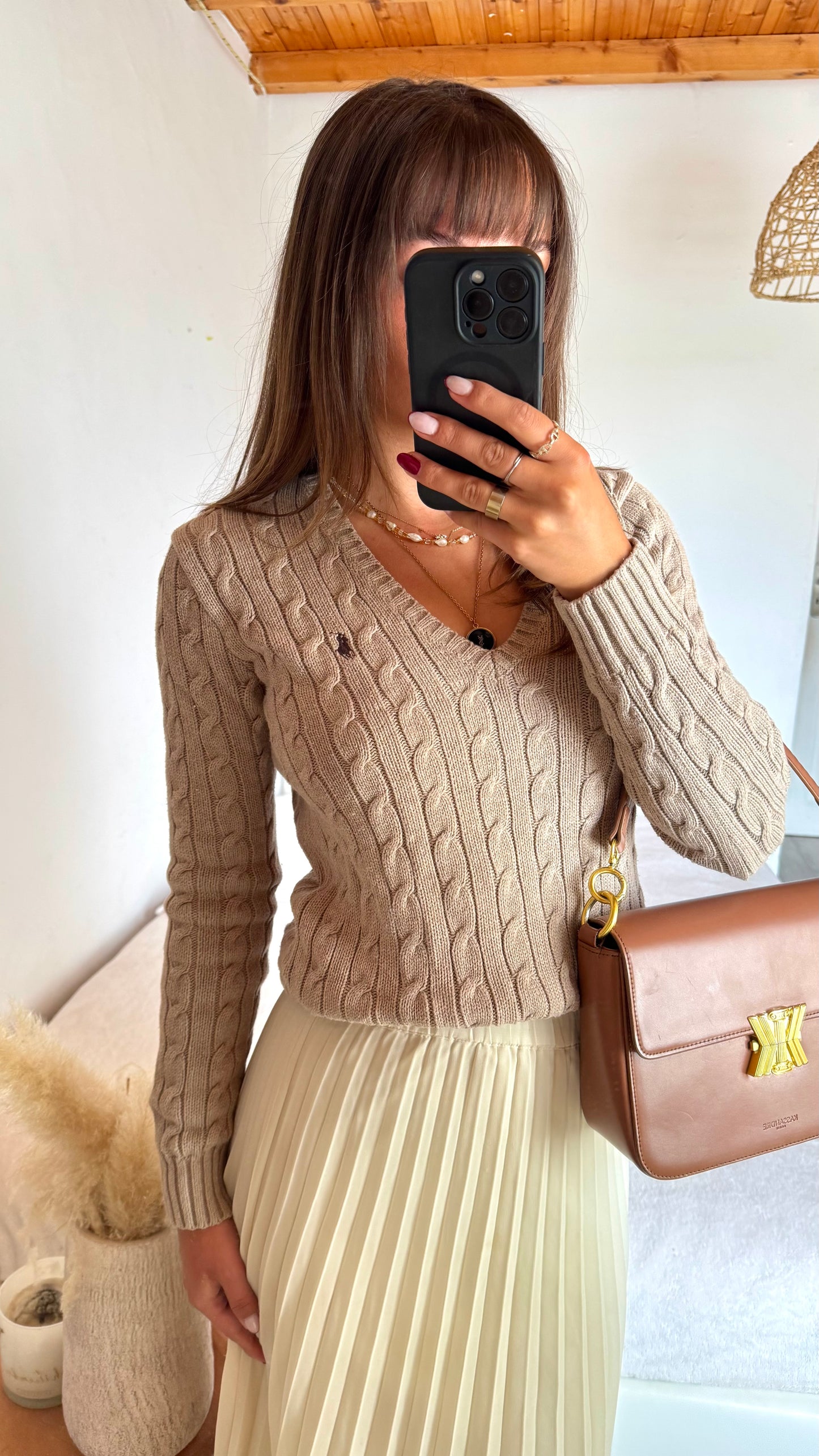 Pull torsadé col V beige Ralph Lauren - S