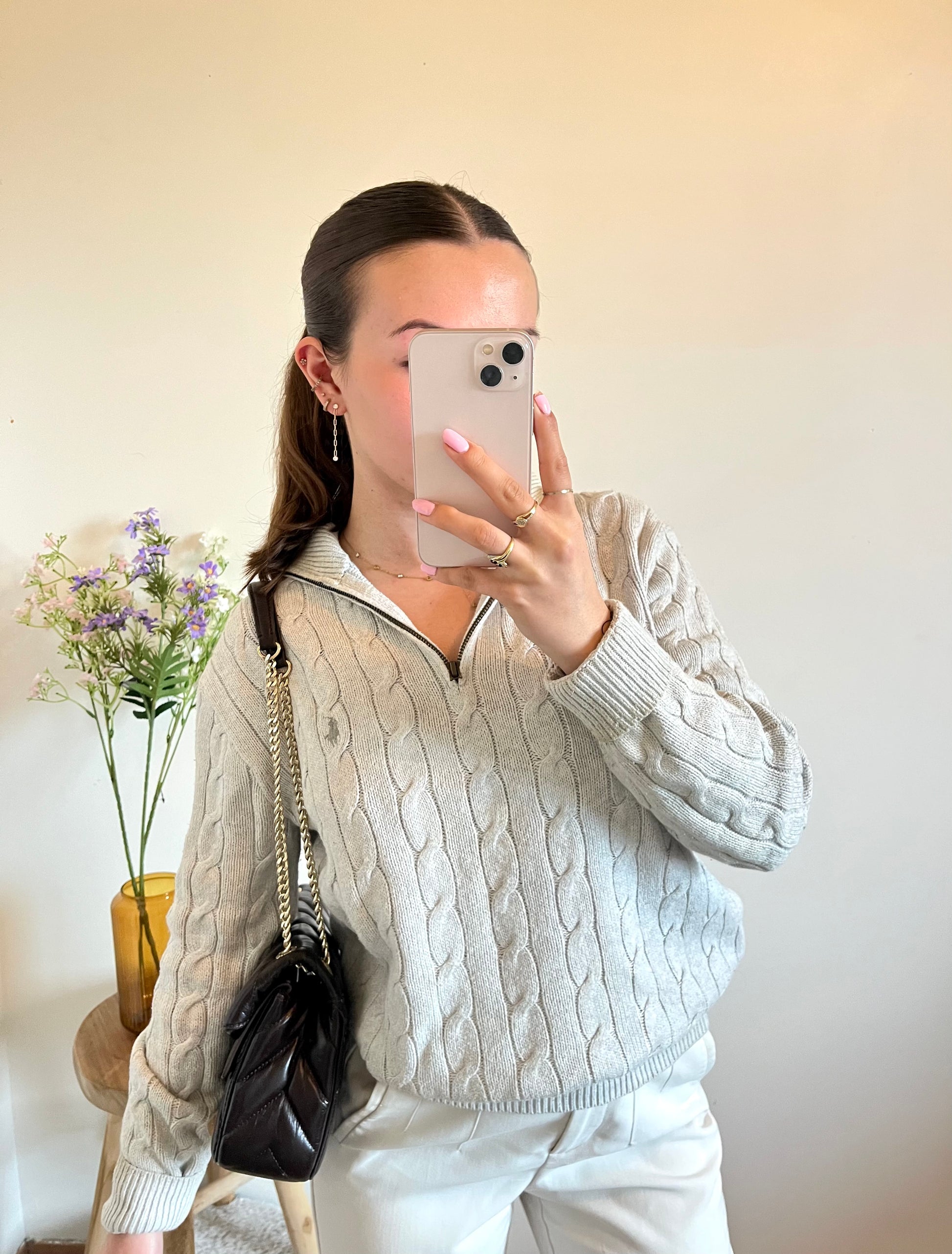Pull demi-zip torsadé gris clair Ralph Lauren - S.