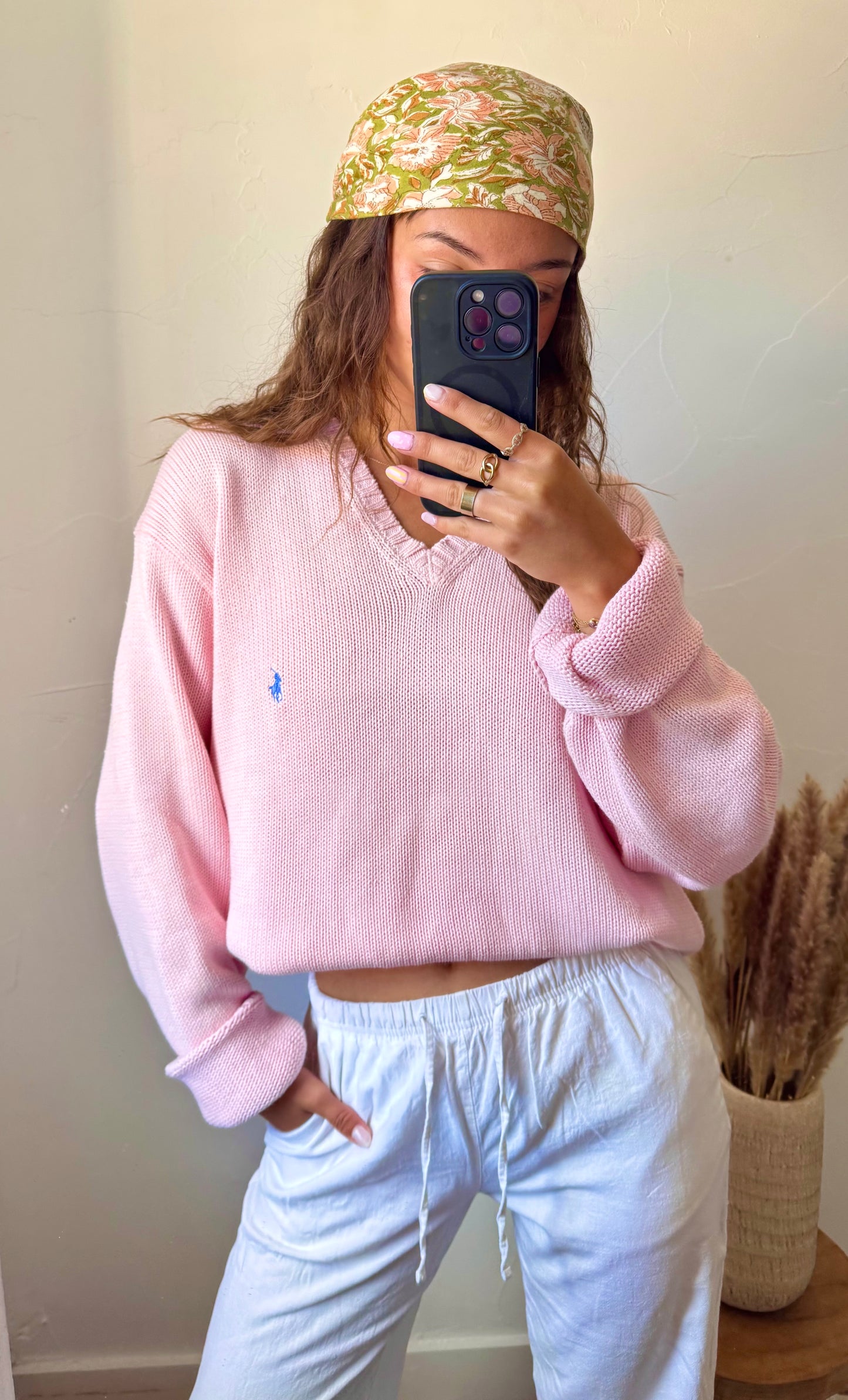 Pull col V rose pastel Ralph Lauren - L/XL