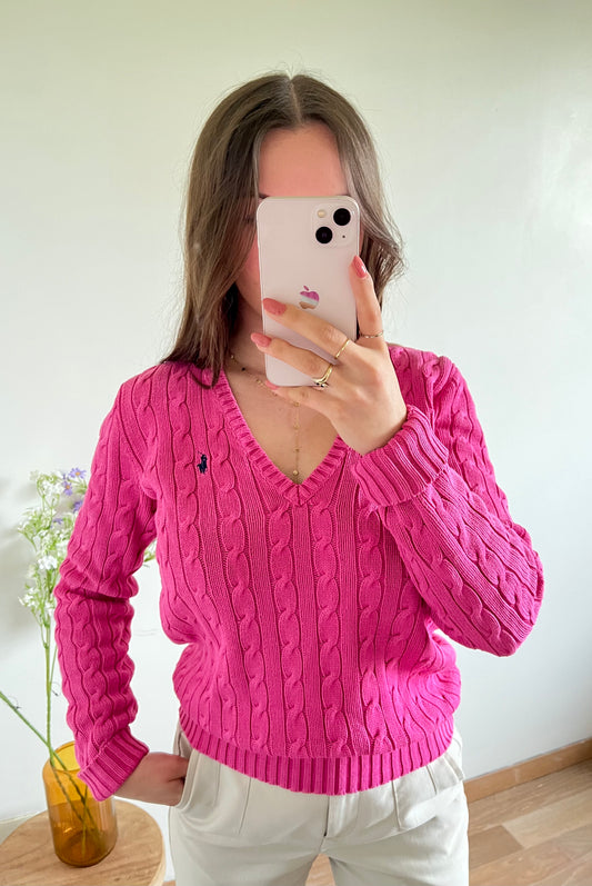 Pull torsadé col V rose Ralph Lauren - M