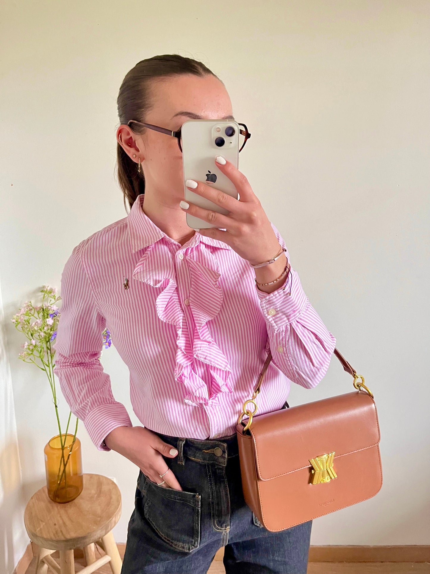 Chemise à froufrous rayée rose Ralph Lauren - S