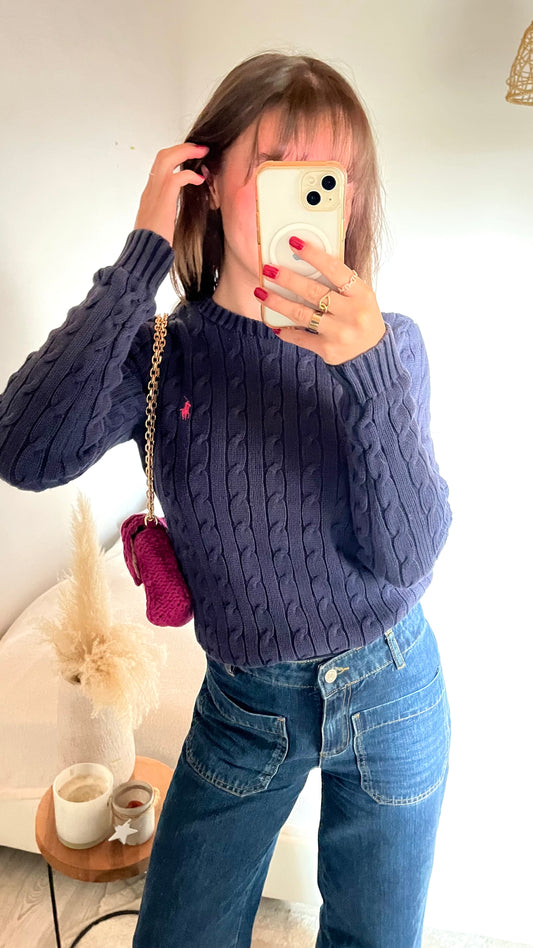 Pull torsadé col rond bleu foncé Ralph Lauren - S