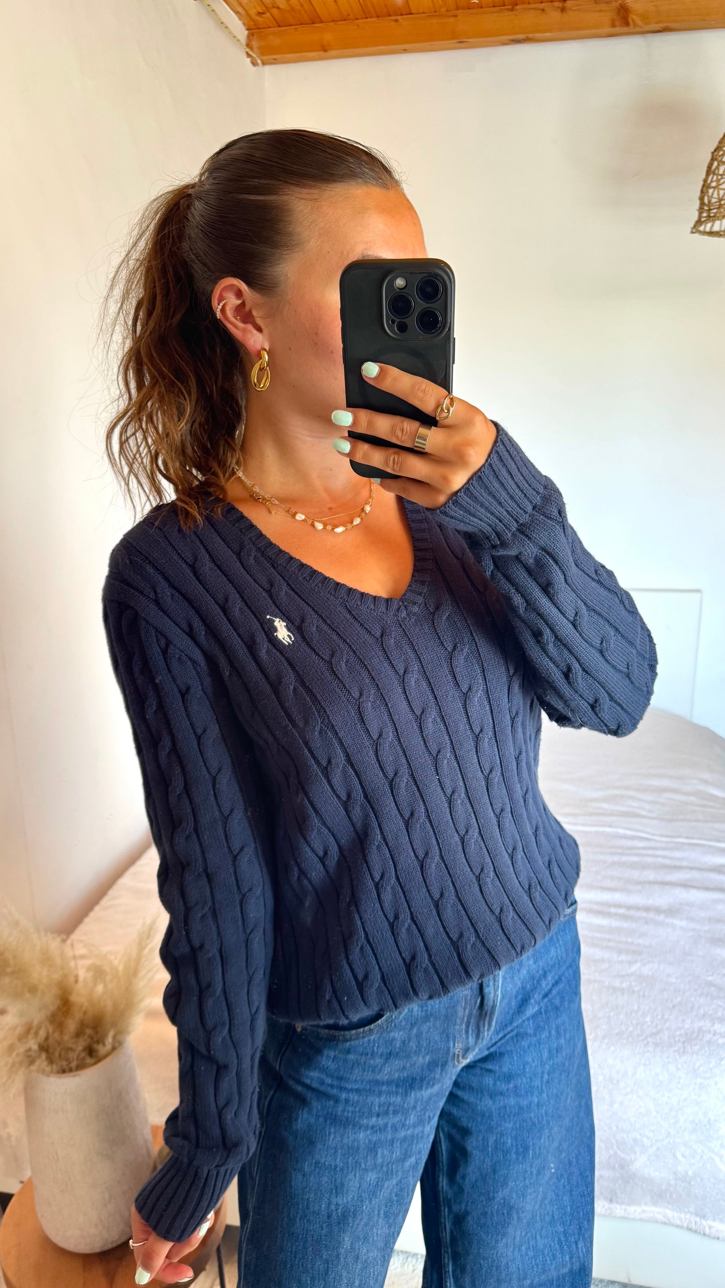Pull torsadé col V bleu marine Ralph Lauren - M