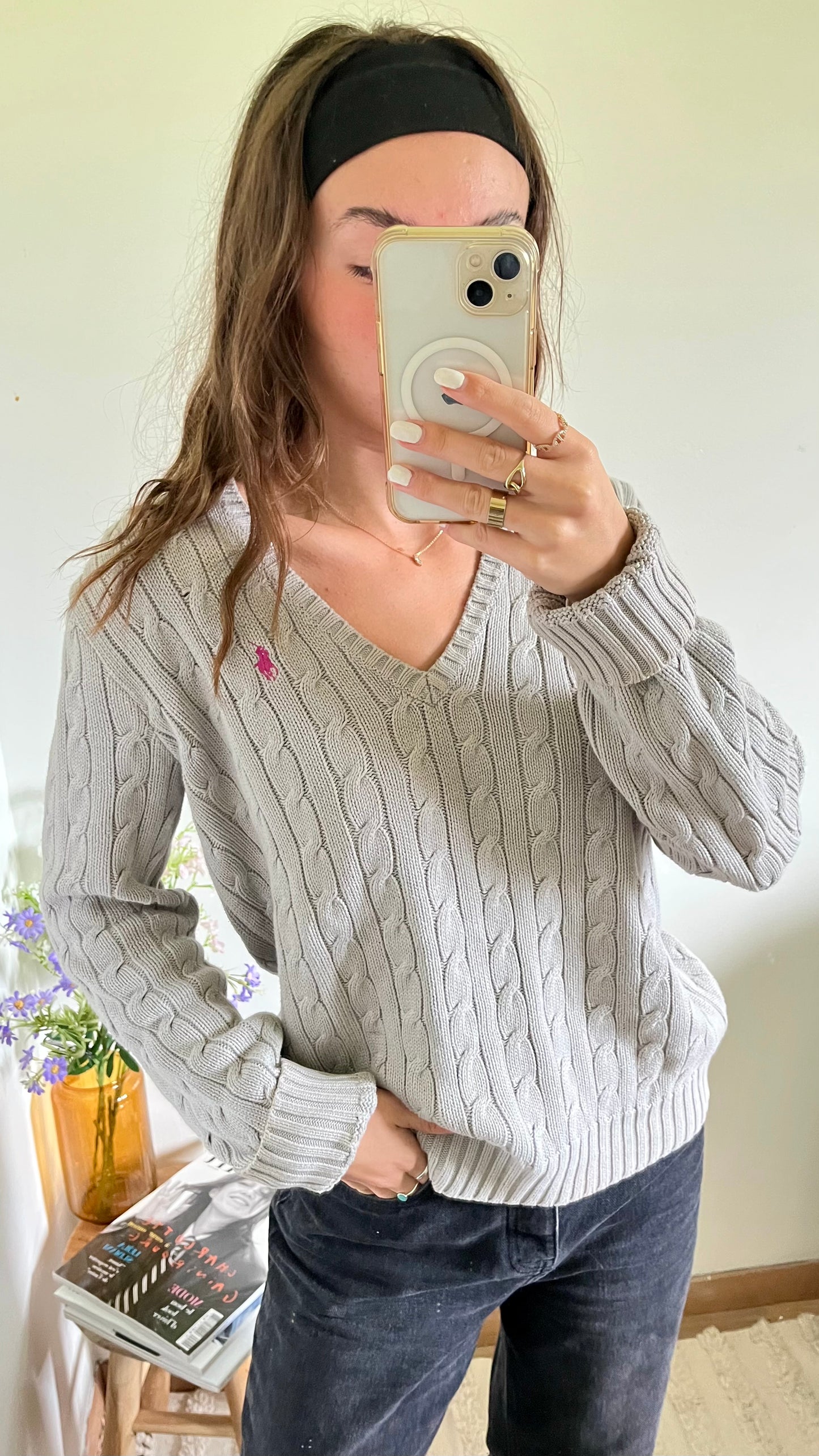 Pull col V torsadé gris Ralph Lauren - L