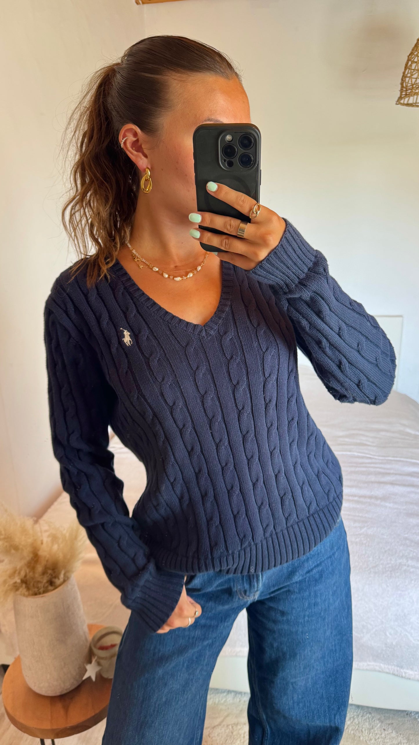 Pull torsadé col V bleu marine Ralph Lauren - M