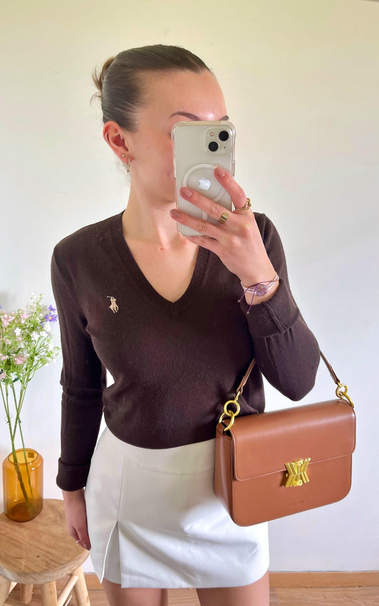 Pull col V marron laine de mérinos Ralph Lauren - S