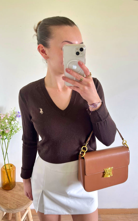 Pull col V marron laine de mérinos Ralph Lauren - S