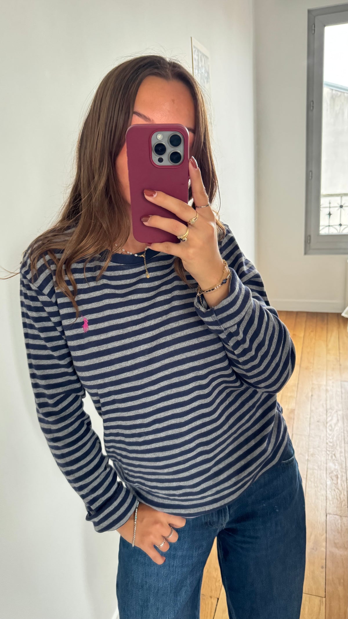 Pull col rond rayé gris Ralph Lauren - L