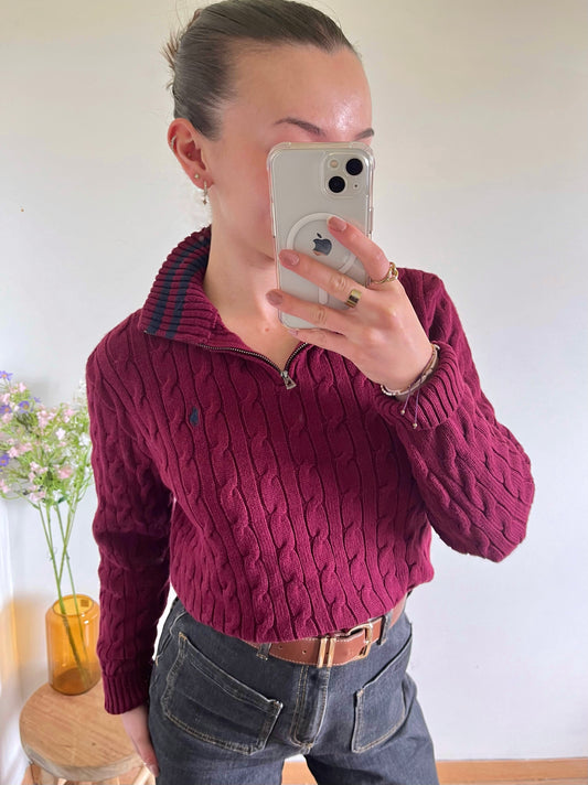 Pull demi-zip torsadé bordeaux Ralph Lauren - S