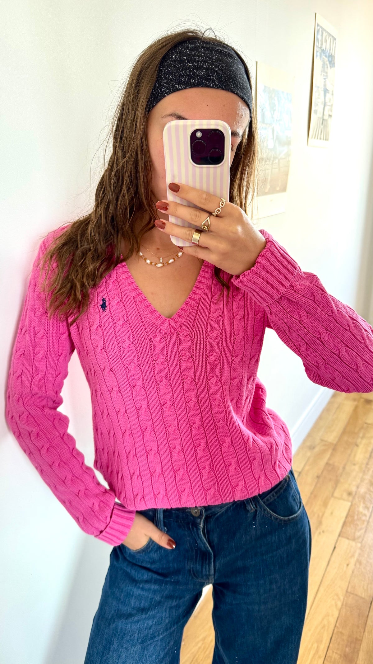 Pull col V torsadé rose Ralph Lauren - M