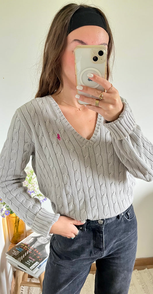 Pull col V torsadé gris Ralph Lauren - L