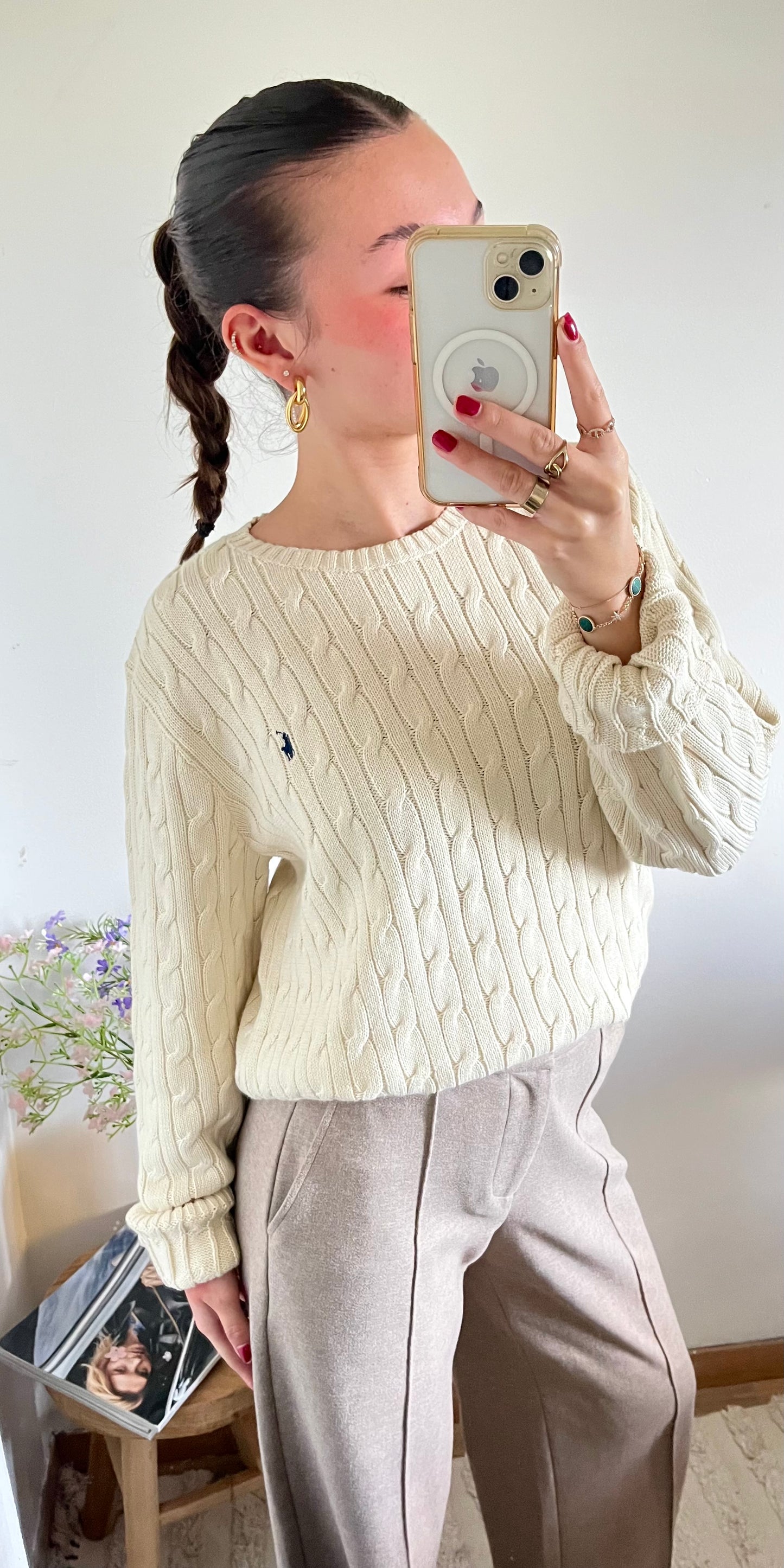 Pull col rond torsadé crème Ralph Lauren - L femme / M homme