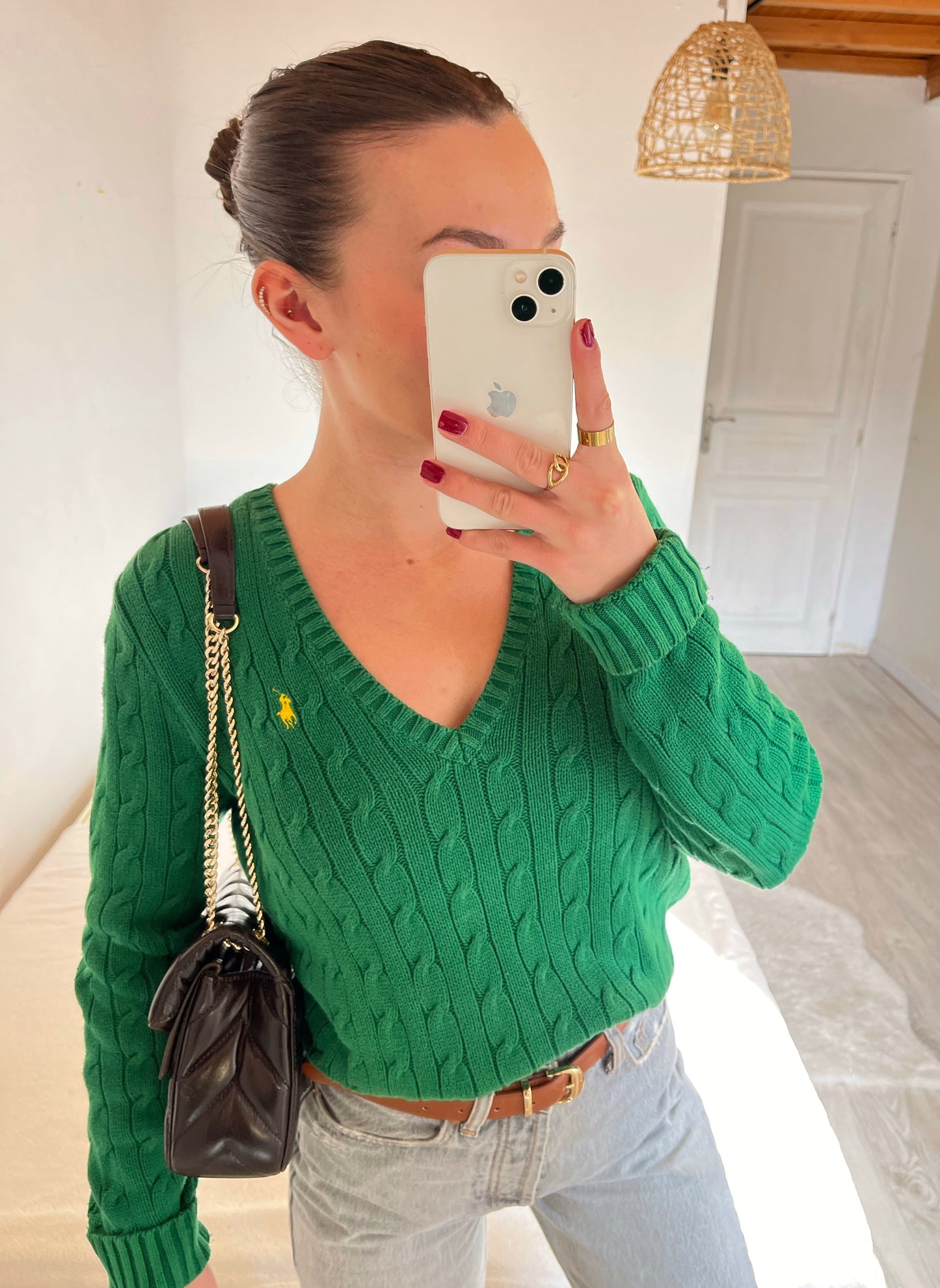 Pull torsadé col V vert Ralph Lauren - M