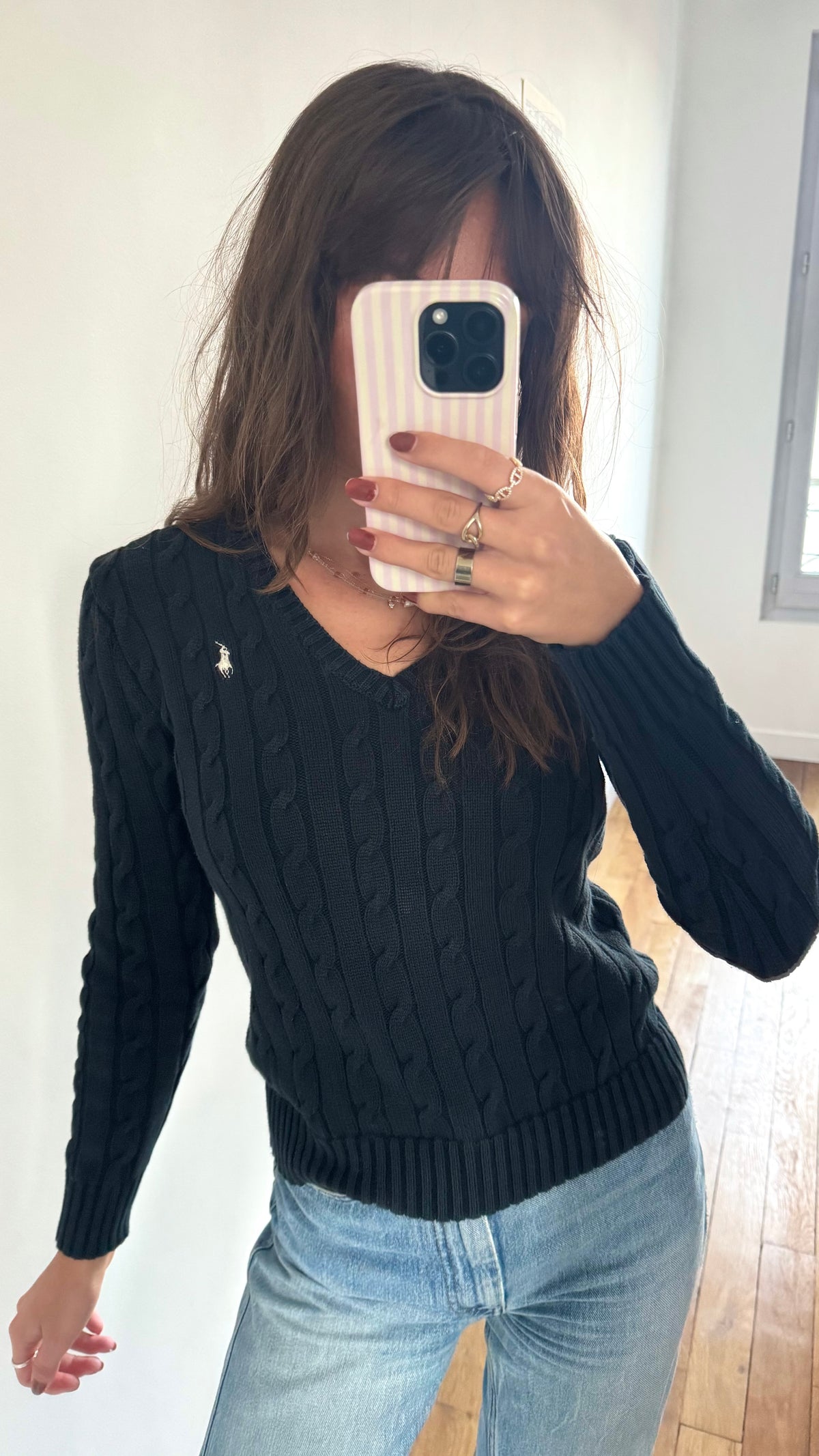 Pull torsadé noir col V Ralph Lauren - XS