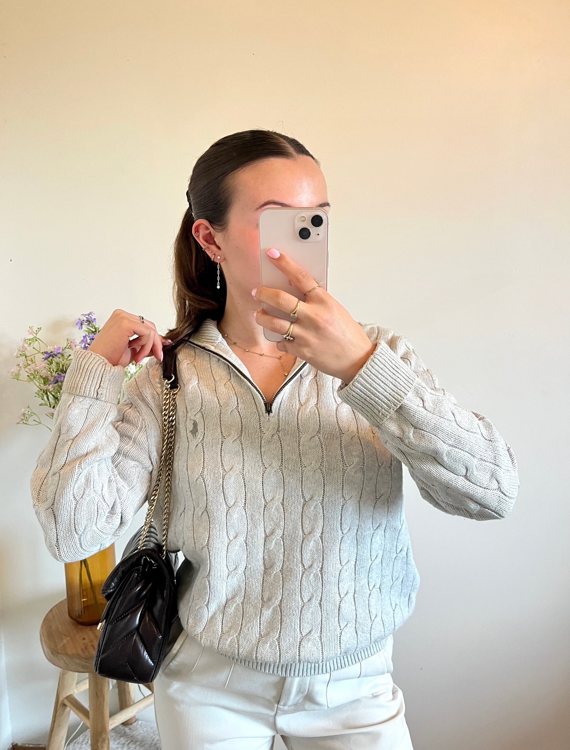 Pull demi-zip torsadé gris clair Ralph Lauren - S.