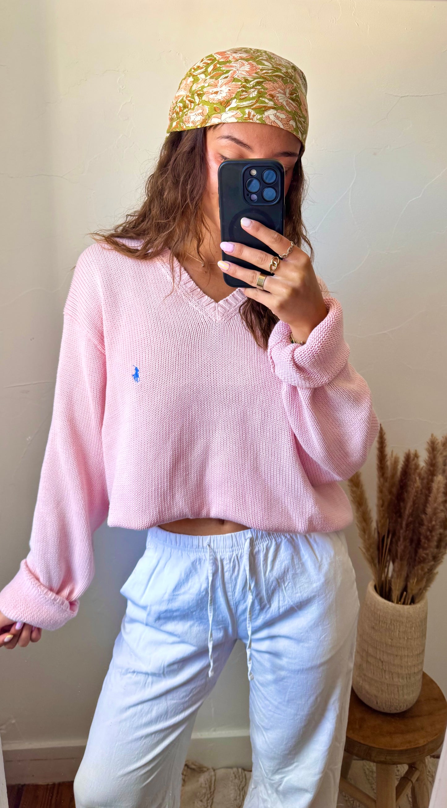 Pull col V rose pastel Ralph Lauren - L/XL