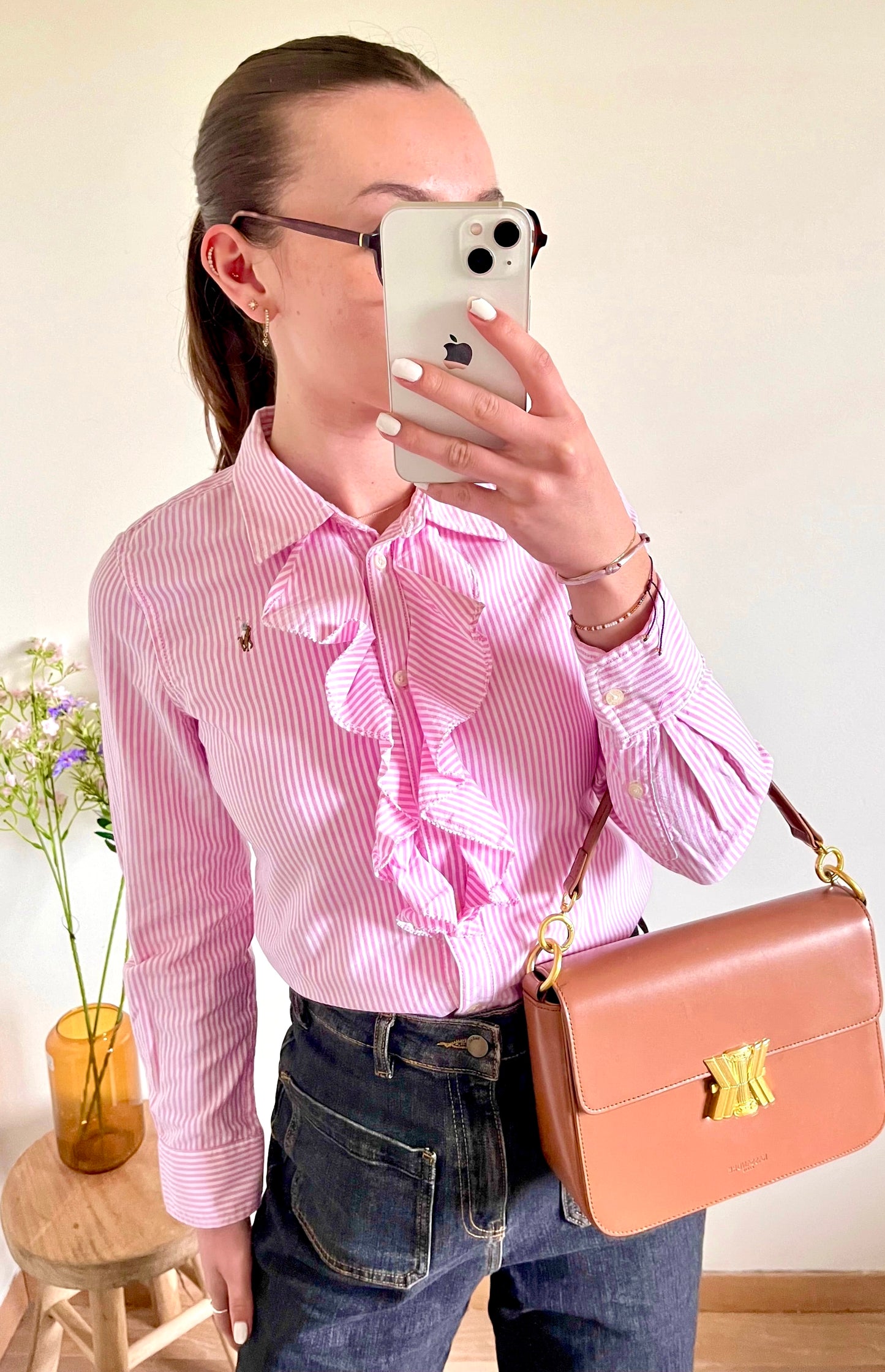 Chemise à froufrous rayée rose Ralph Lauren - S