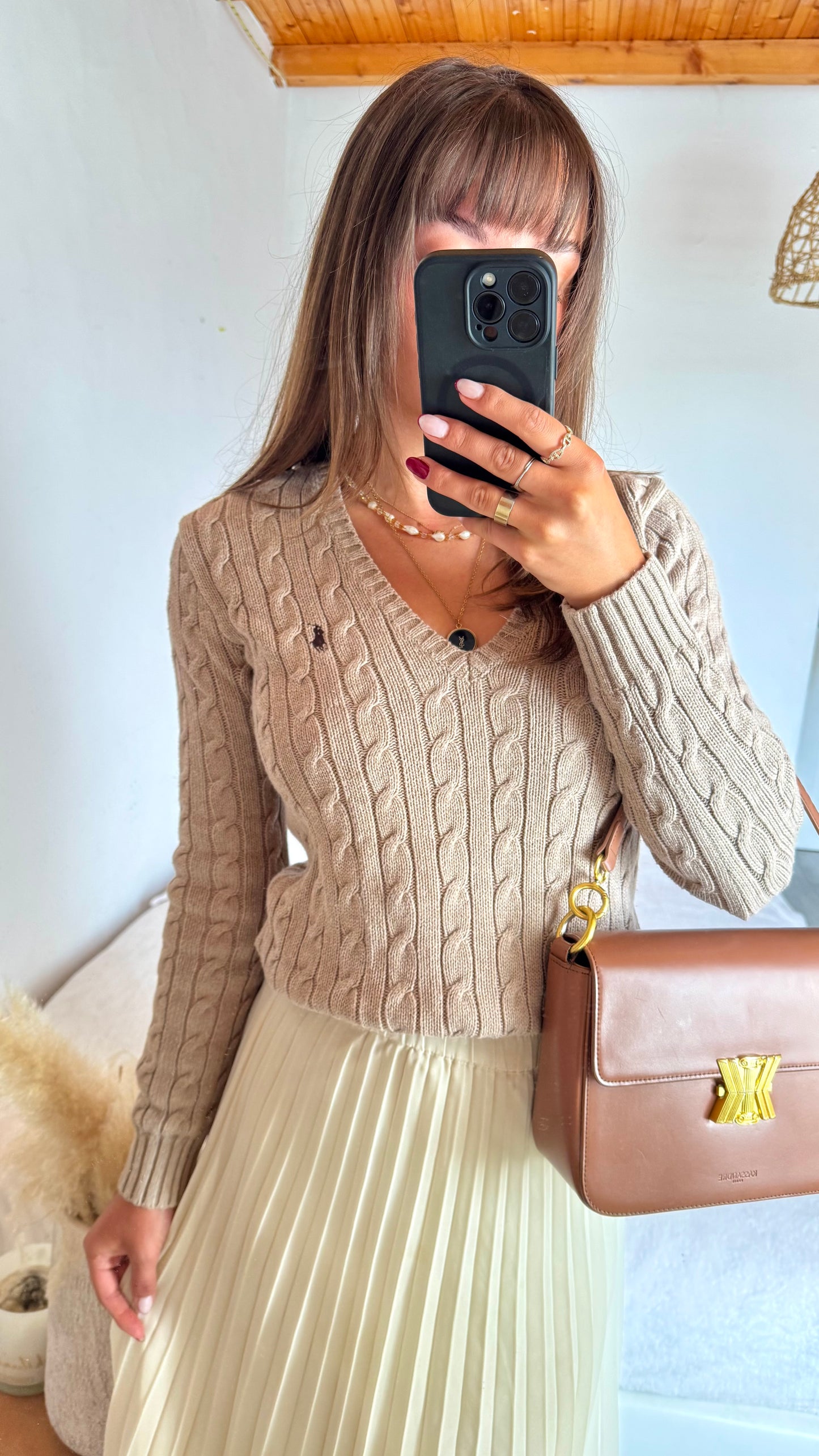 Pull torsadé col V beige Ralph Lauren - S