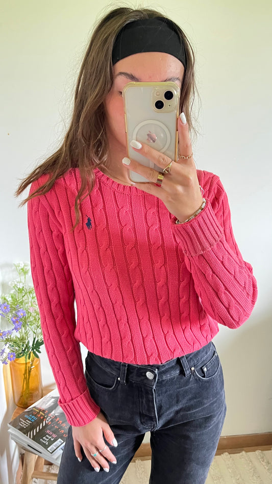 Pull torsadé col rond fuchsia - S