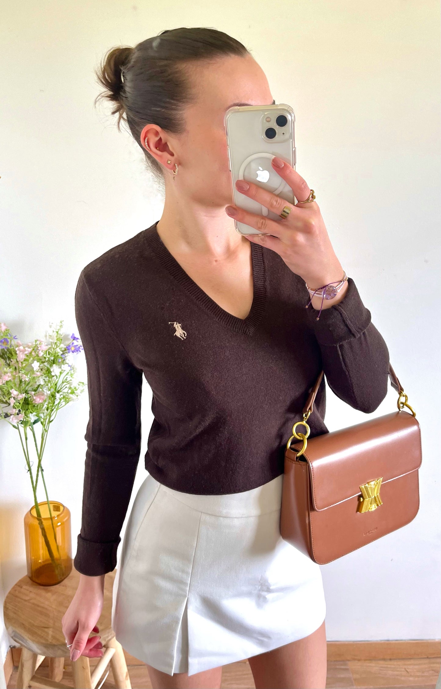 Pull col V marron laine de mérinos Ralph Lauren - S