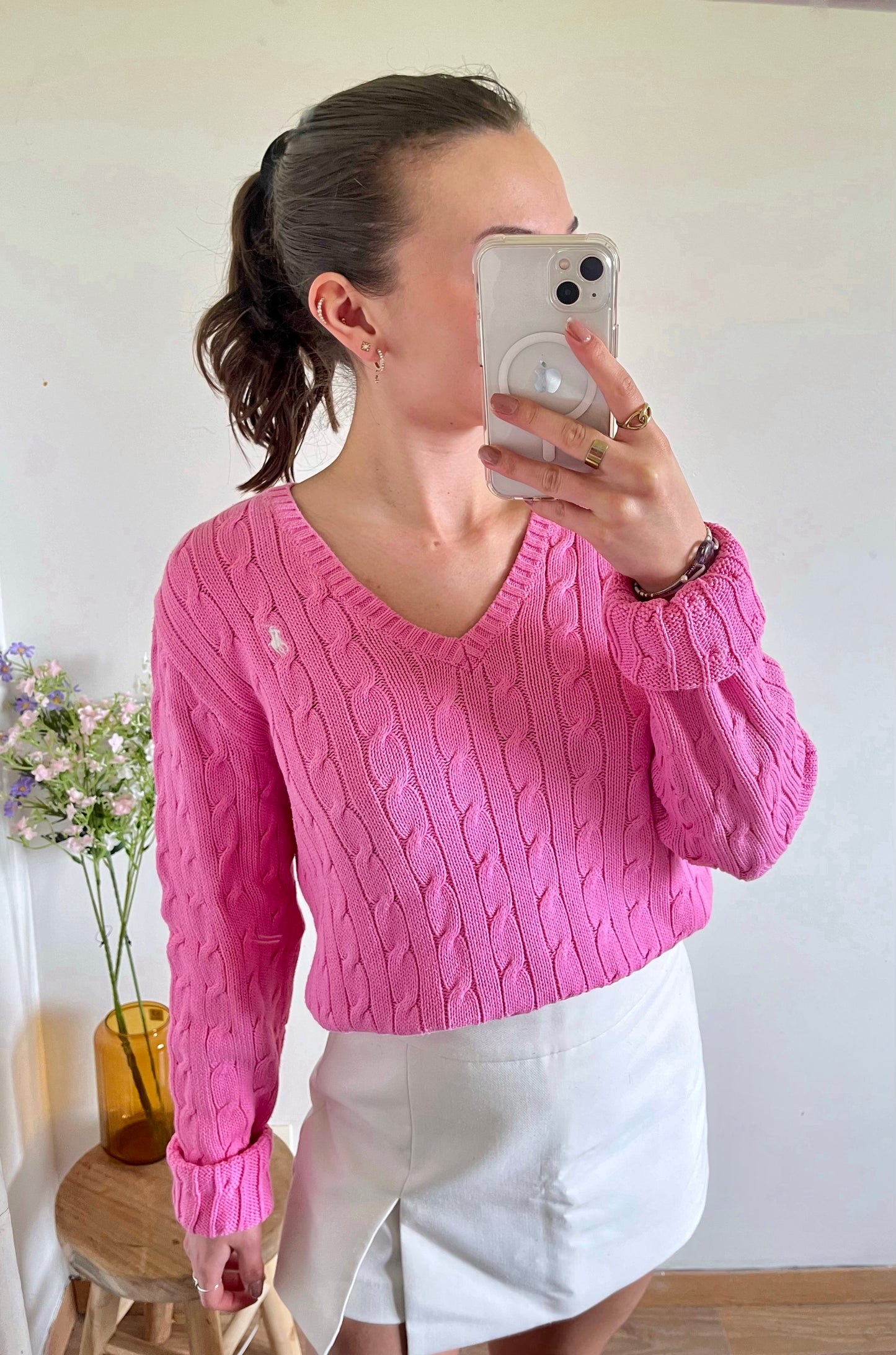 Pull col V torsadé rose Ralph Lauren - L
