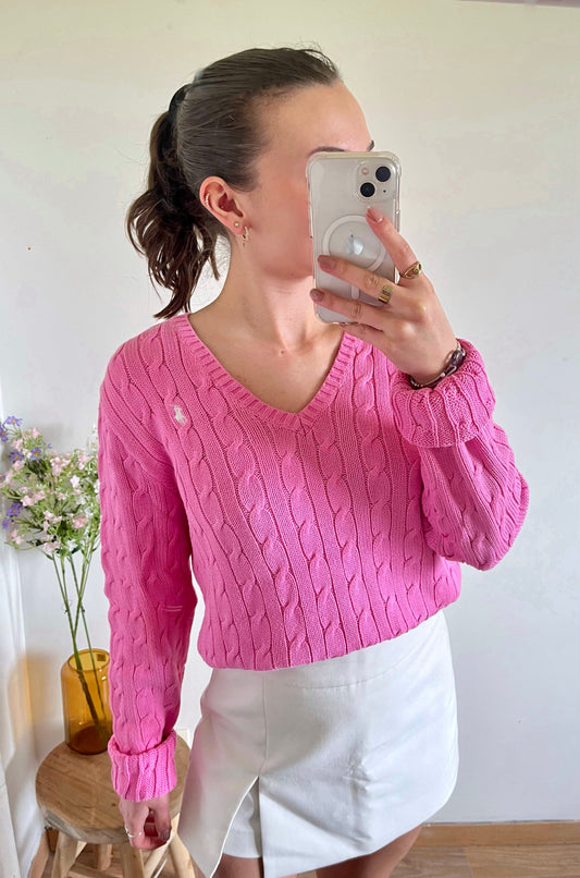 Pull col V torsadé rose Ralph Lauren - L