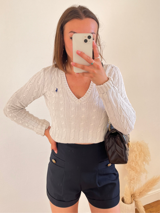 Pull torsadé blanc col V Ralph Lauren - S