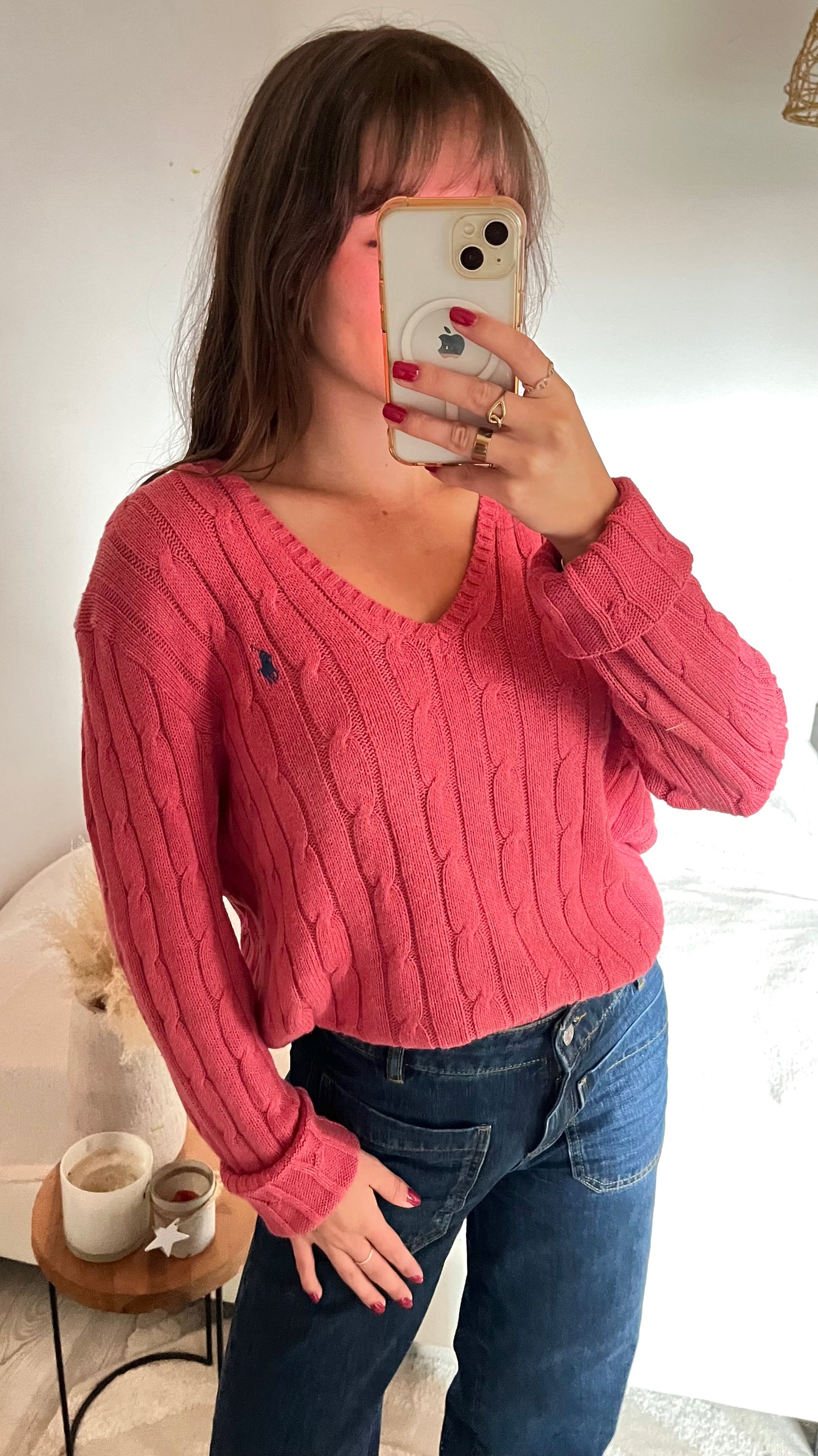 Pull torsadé Ralph Lauren col V rose - L