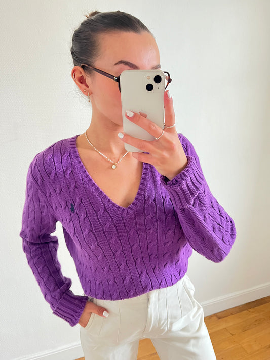 Pull torsadé col V mauve Ralph Lauren - L