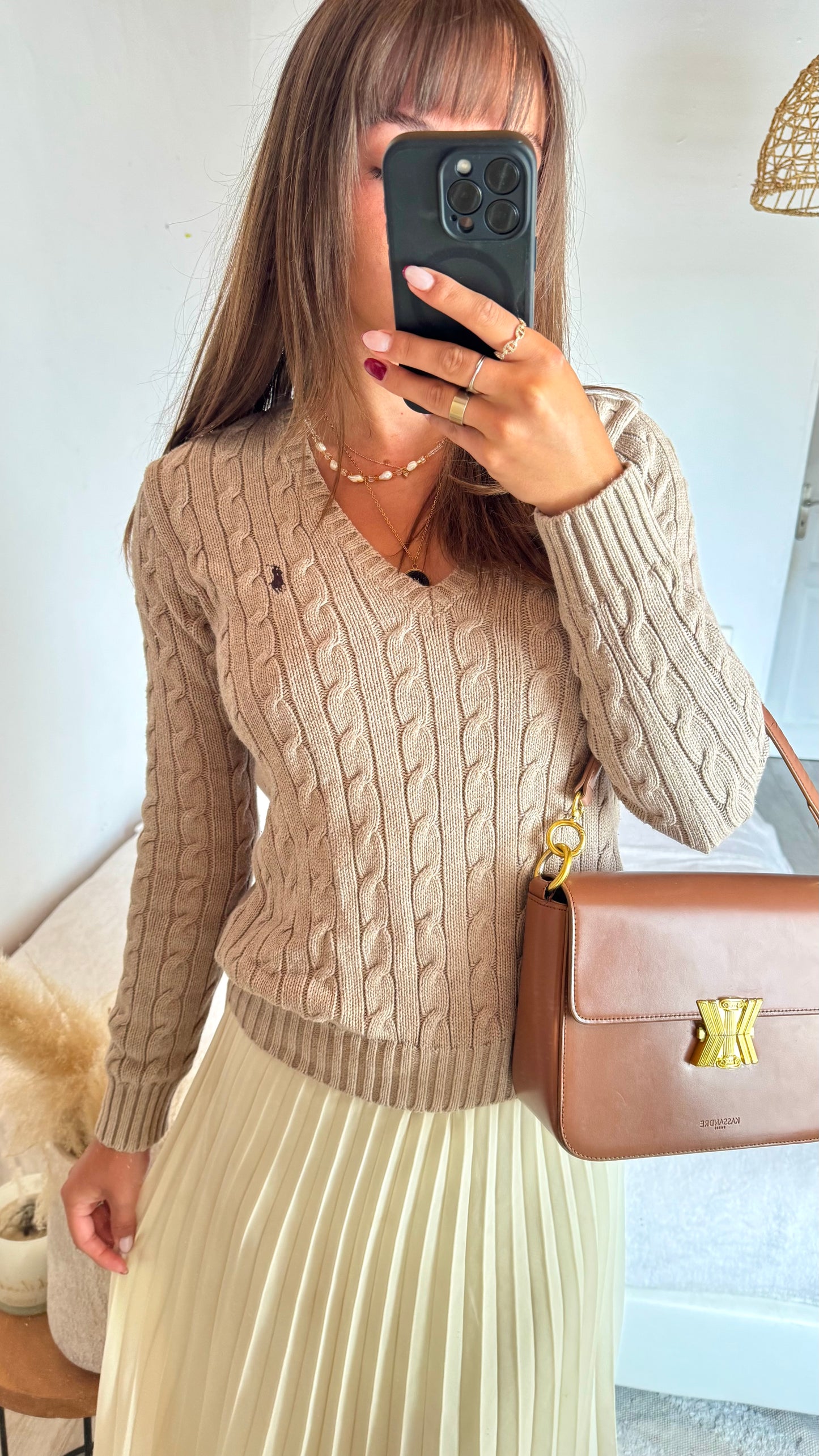 Pull torsadé col V beige Ralph Lauren - S