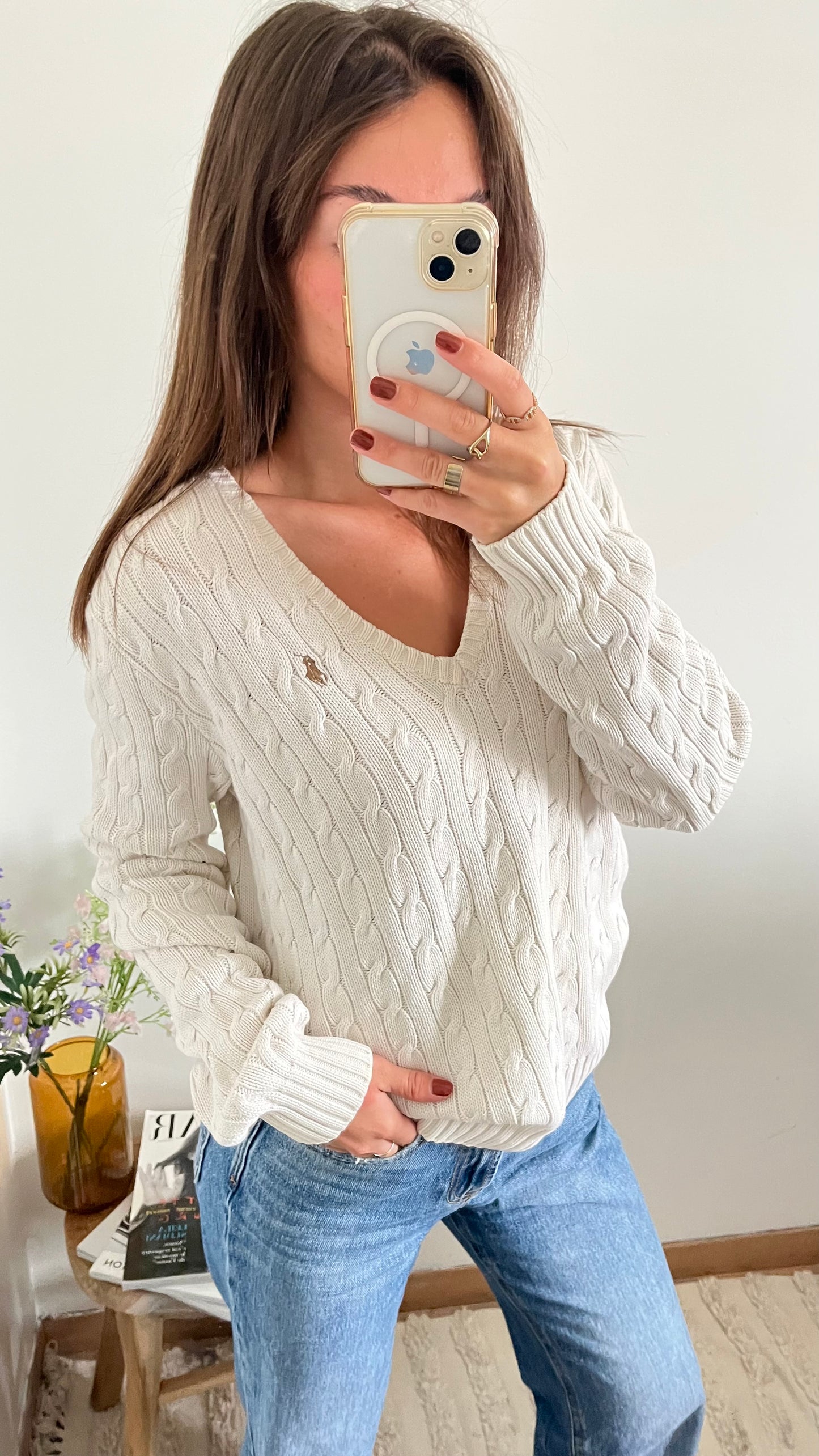Pull col V torsadé blanc Ralph Lauren - L/XL