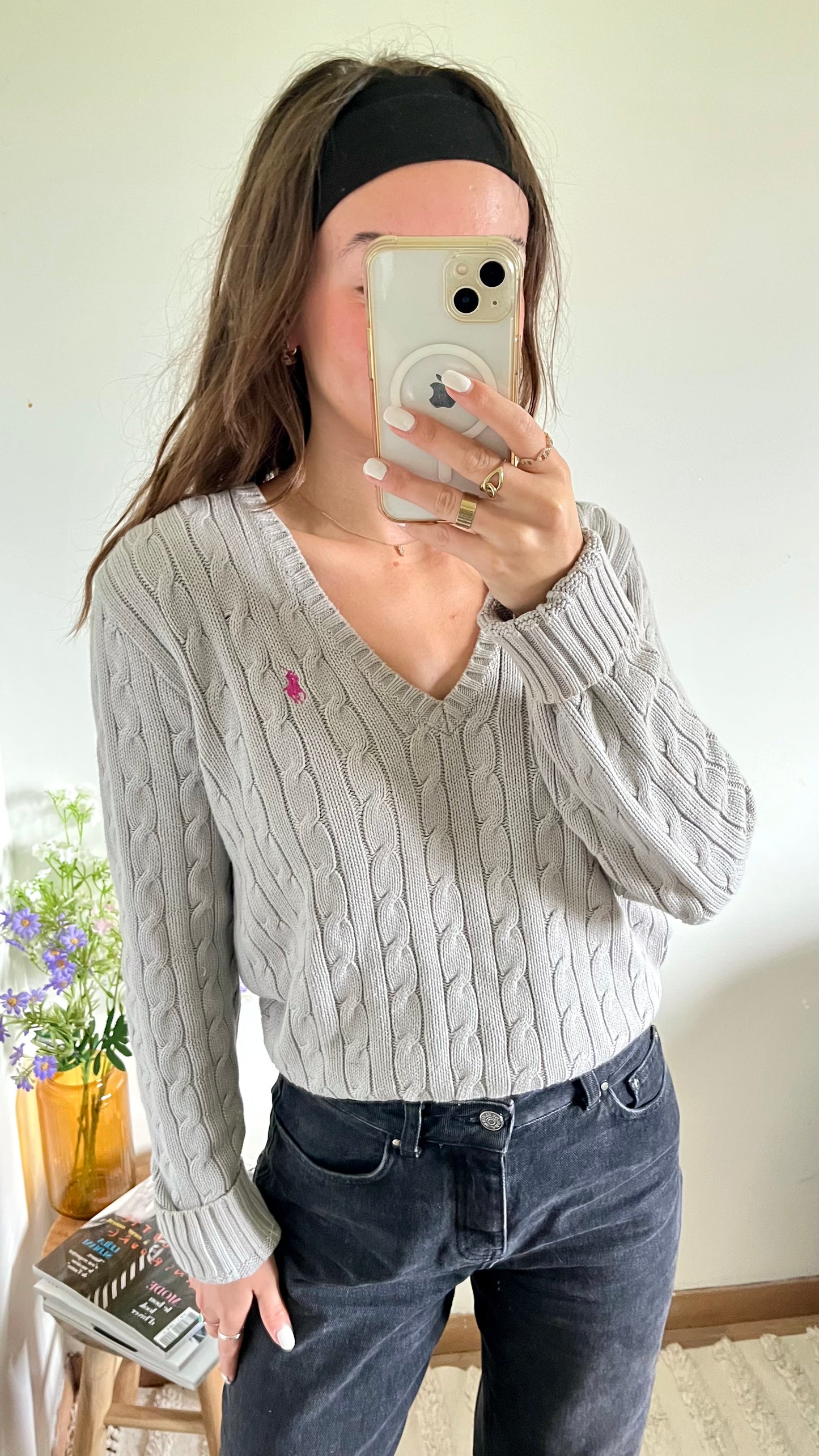 Pull col V torsadé gris Ralph Lauren - L