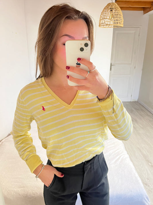 Pull col V rayé jaune pastel Ralph Lauren - S