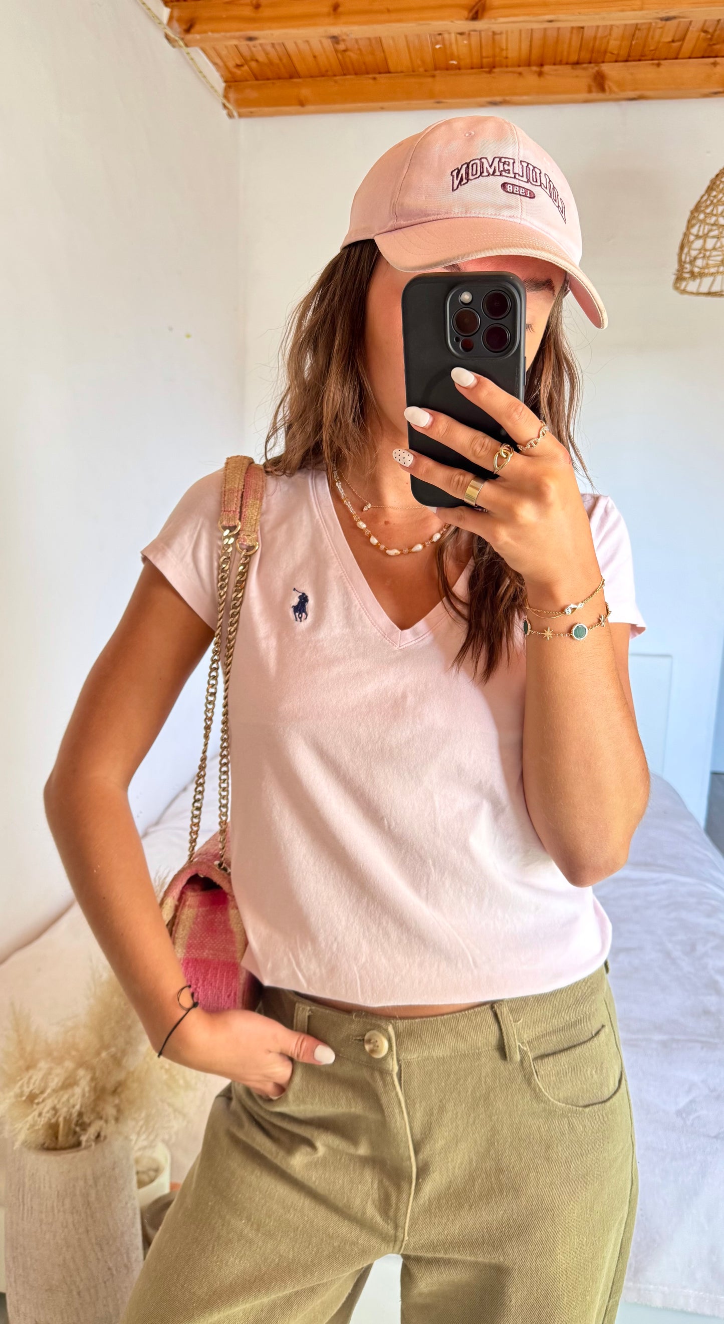 T-shirt col V rose pastel Ralph Lauren - M