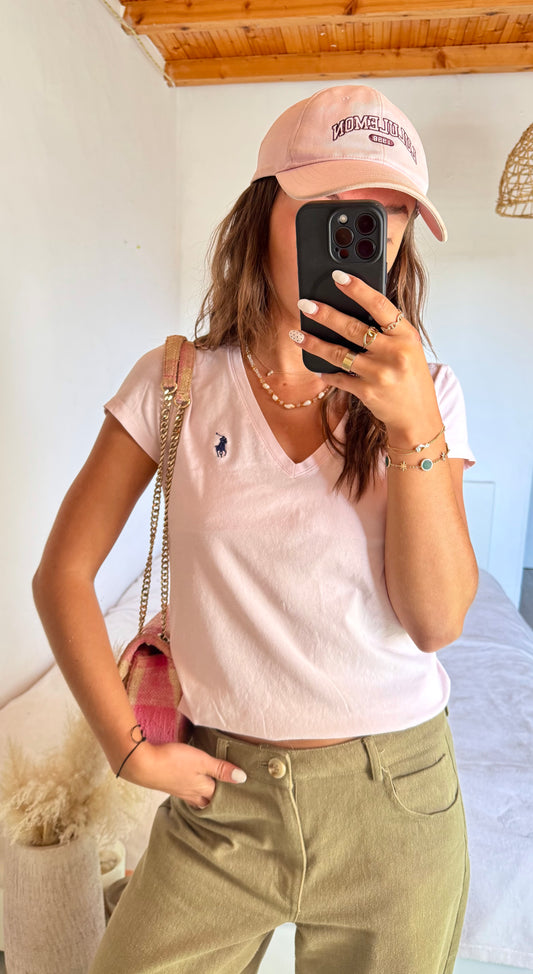 T-shirt col V rose pastel Ralph Lauren - M